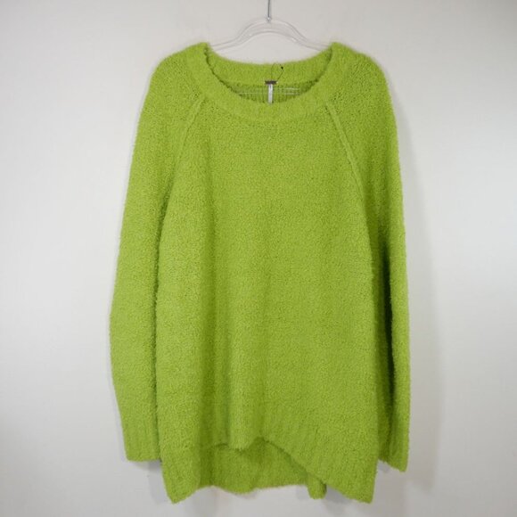 FREE PEOPLE Teddy Sweater Tunic Size L Oversized Lime Green Wool Blend Fuzzy NEW - Picture 7 of 12